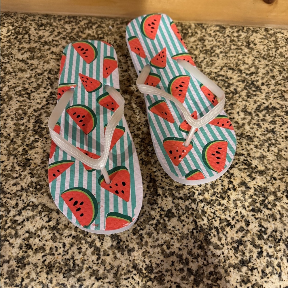 Womens Watermelon Striped Flip Flop Sandals‎ Size 7/8 White Teal Summer Beach
